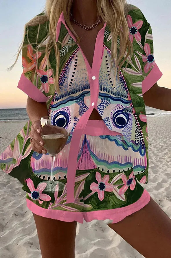 Fashion Lapel Short-sleeved Single-breasted Shirt Top + Shorts 2-piece Set Women Elegant Summer Print Loose Casual Suit Female