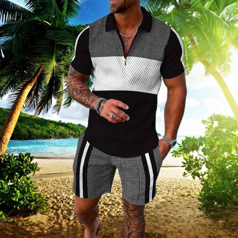 Men Zipper Polo Shirt Suit 2 Pcs Tracksuit Summer 3D Print Beach Boho Geometric Style Holiday Clothing Ensembles De Sport