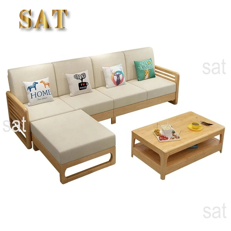New Design Living Room High End Wholesale Customization Home Furniture Set Modern Solid Wood Frame Fabric Sectional Wooden Sofa
