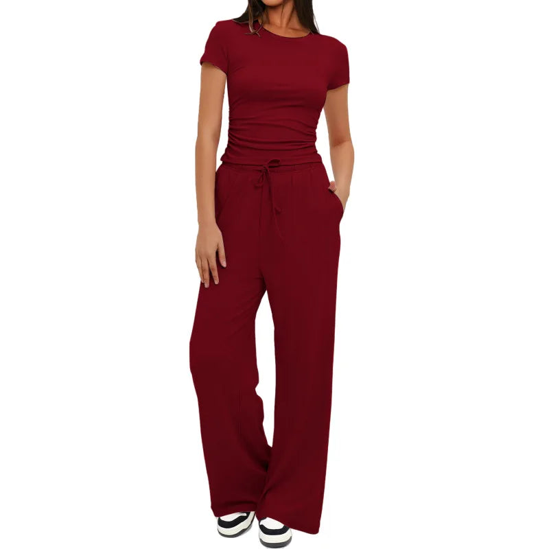 Women's Summer Solid Loose Casual Tracksuit Two Piece Set O Neck Short Sleeve T Shirt Wide Leg Pants Sportswear