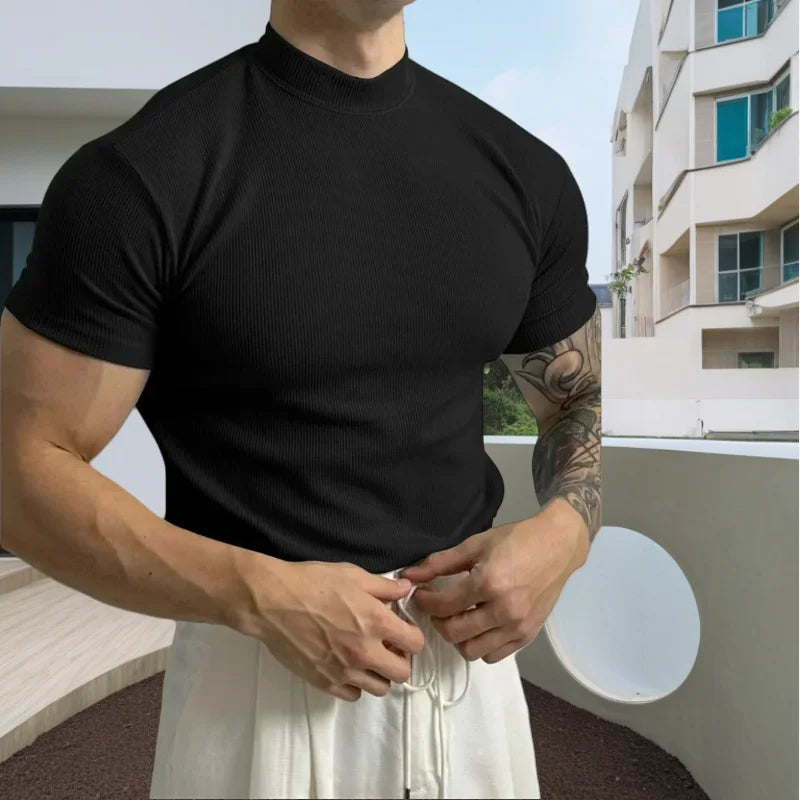 Spring Summer Elastic Comfortable Men's T-Shirt Small High Collar Stripe Shirt Short Sleeve Fitness tops Sports Casual T-Shirt