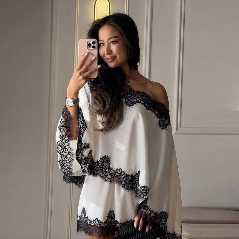 Elegant Lace Patchwork Women's Shirt Skirts Suit Long Sleeve  Off Shoulder Loose Lady Set 2026 Summer Autumn Chic Female Outfits