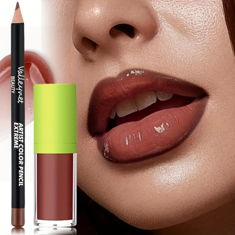 2pcs/Set Lip Gloss & Lip Liner Set Lip Kit Natural Nude Tinted Lip Glow Oil Moisturizing Liquid Lipstick with Lip Liner Combo