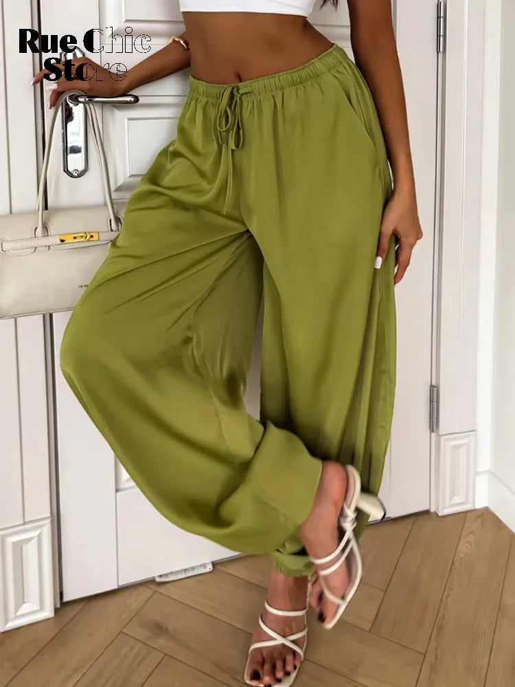 Solid Drapey Satin Loose Harem Pants Women Casual Elastic Waist Drawstring Design Long Pant 2026 Lady Commute Versatile Wear New