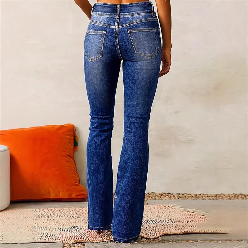 2025 Vintage Mid Waist Washed Stretch Jeans Women New Micro Flared Trousers Casual Commuter Female Denim Pants Trend Streetwear