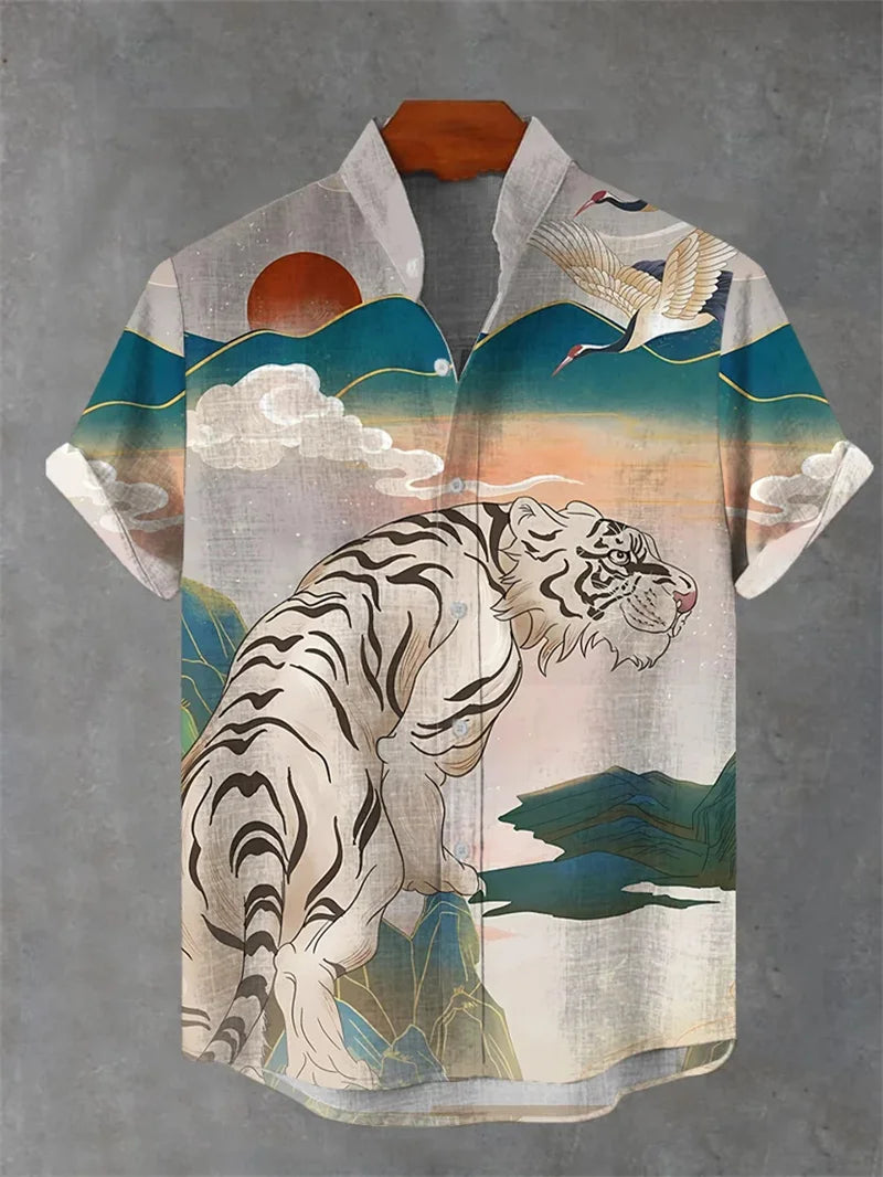 2025 New Men's Shirt With 3D Printed Cat Casual Short Sleeved Top, Fashionable Lapel Button Up Shirt Made Of Linen