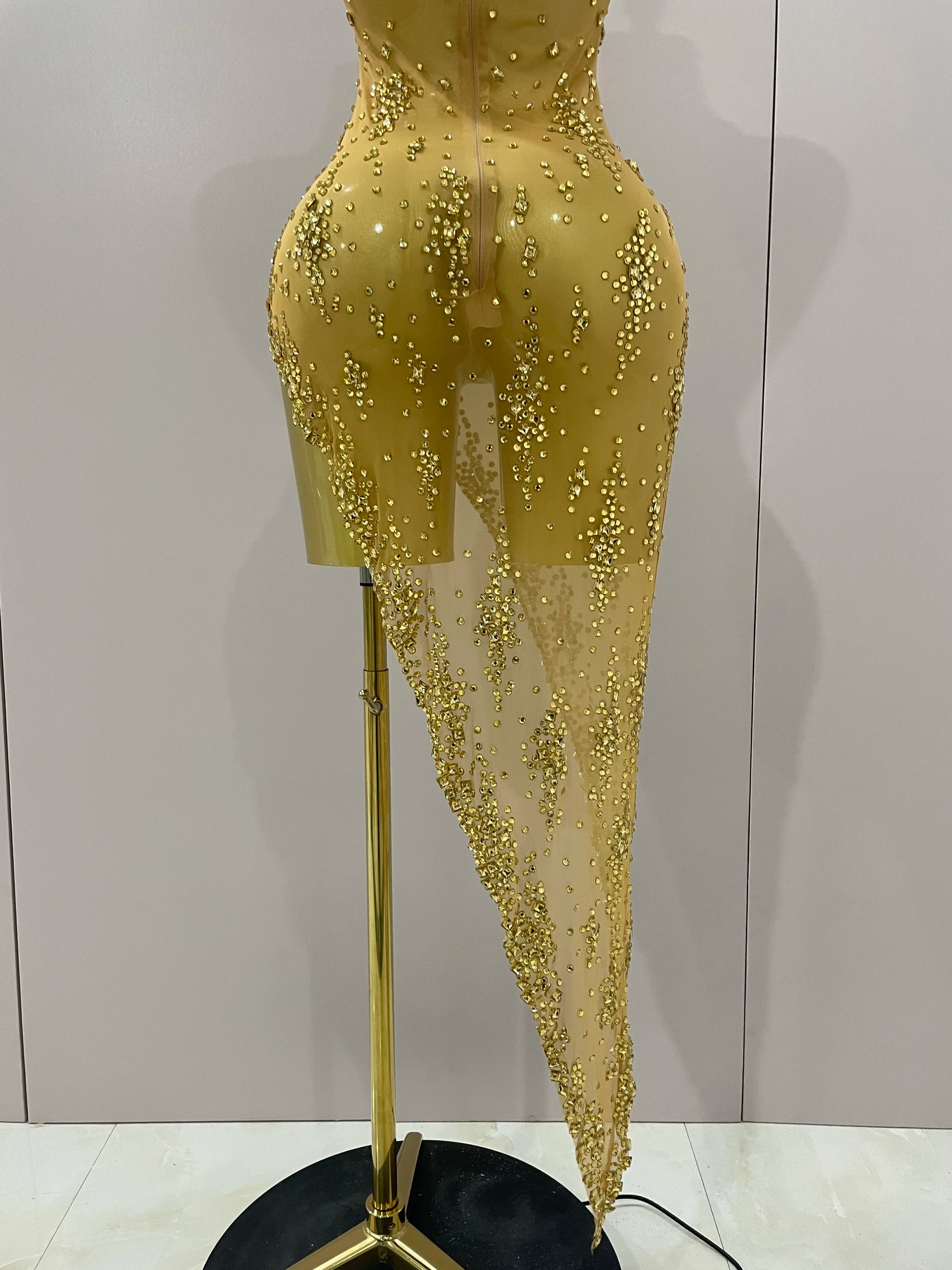 2025 New Sparkly Rhinestone V Neck Stretch Mesh Sexy See Through Dress Women Elegant Party Celebrate Perform Costume Stage Outfi