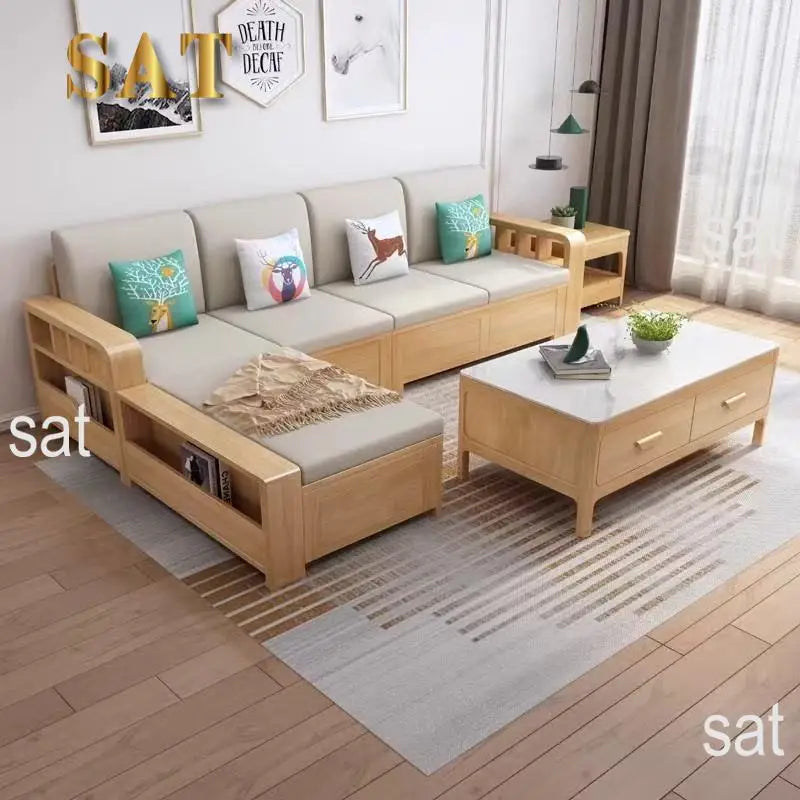 *Living Room Nordic Log Wood Storage Corner Sofa Winter  Summer Dual Use Fabric Wooden Sofa Combination