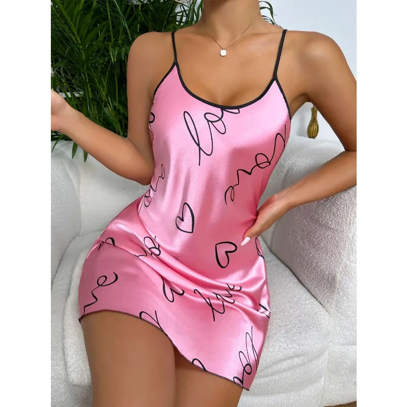 Heart Letter Print Nightdress Casual Round Neck Spaghetti Strap Sleep Dress Women's Sleepwear Dresses