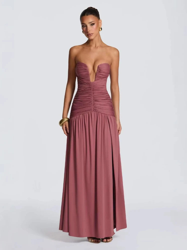 ULXH Strapless Deep V Neck Ruched Maxi Dresses for Women 2026 Elegant High Split Bodycon Party Evening Dress White Coffee