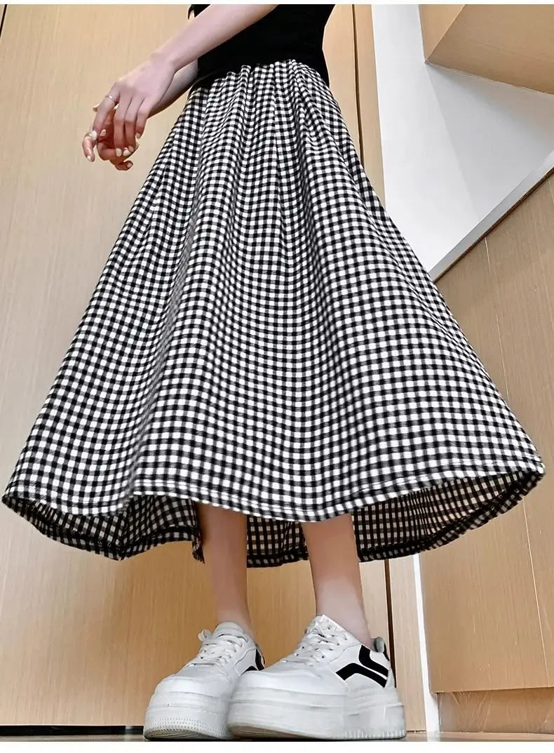 Black White Checkered A-line Skirt Women Summer Lightweight High Waisted Long Skirt for Petite Slimming Casual 2025 New