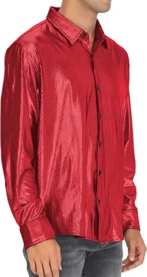 Metallic Shiny Polyester Dress Shirts for Men Black Solid Gold Red Silver Long Sleeve Turn Down Collar Prom Disco Men's Shirt