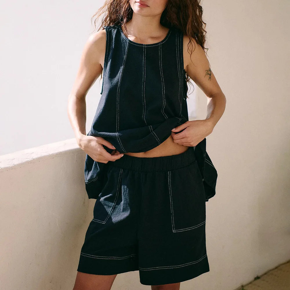Women Vintage Denim Tops Pant Sets Two 2 Pieces Sets A-Line Tank Cami Sleeveless Shorts Pockets Retro Jeans High Street Outfits