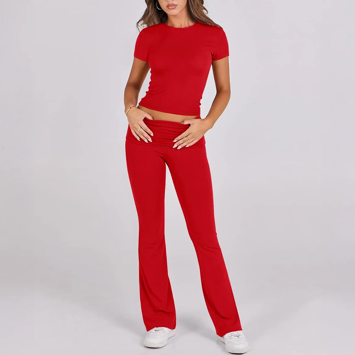 Women's Sexy Tops Suits 2026 Summer Latest Casual Solid Color Yoga Suit Slim Fit Sports Short Sleeved Pants Two-Piece Set Outfit