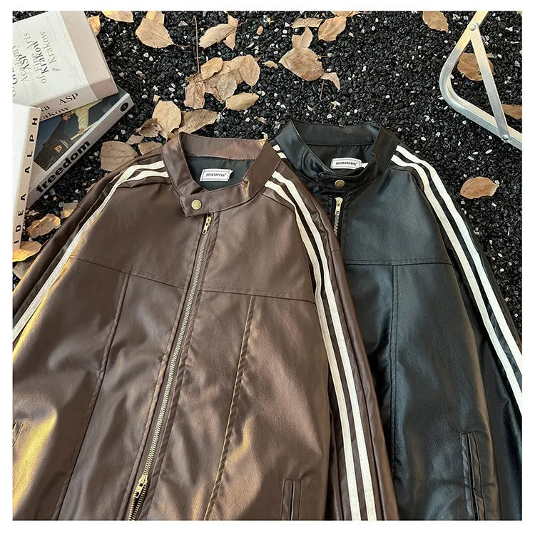 Men's Brown Leather Jacket American Retro Patchwork Striped Outerwear Youthful Style Summer Biker Coat Long Sleeve Zipper Clo...