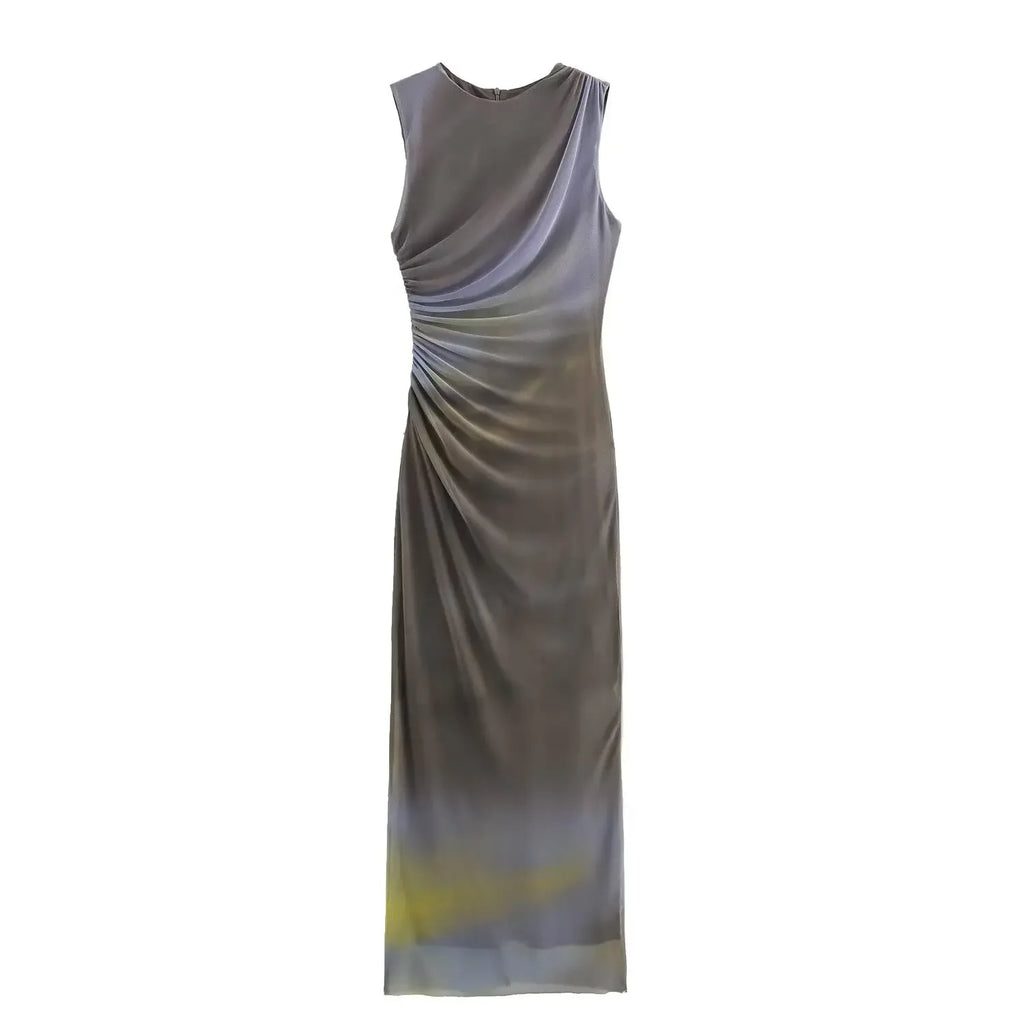 BSAY Women Fashion Summer New White Pleated Back Zip Sleeveless Crewneck Vest Long Dress Chic Female Elegant Evening