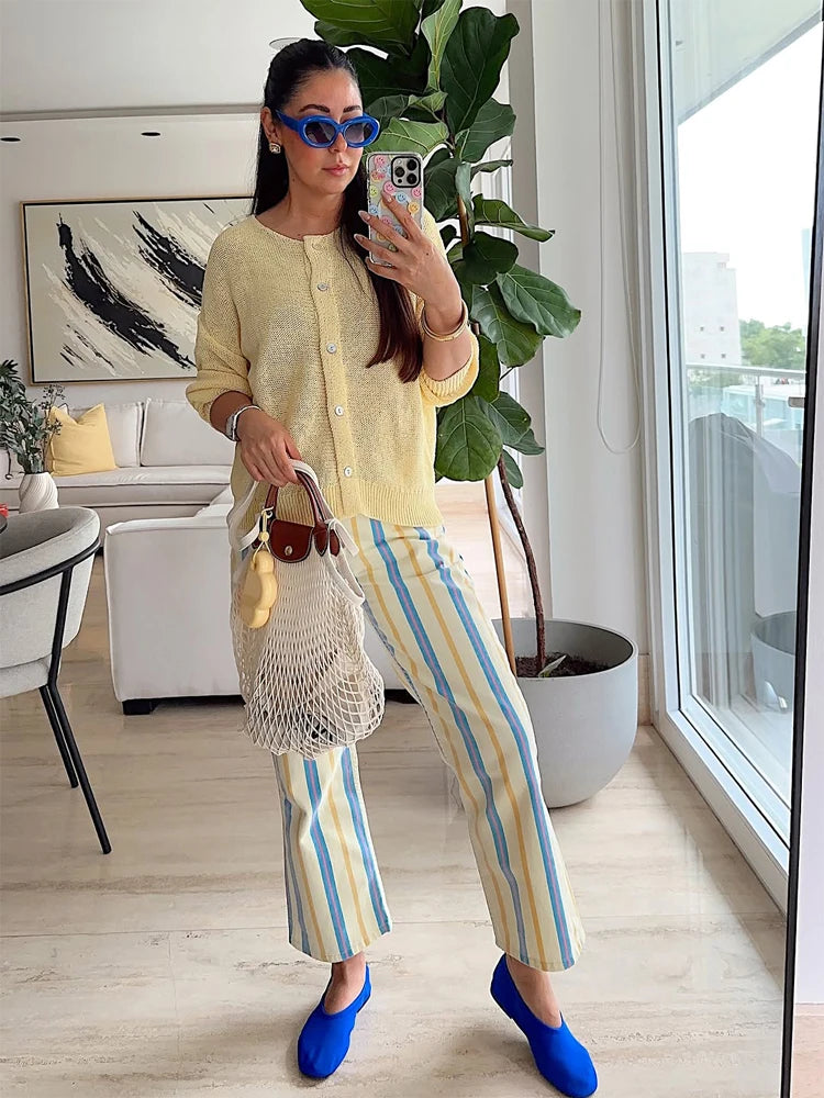 Women‘s Colorful Striped Pant New Summer Straight Multicolor Wide Leg Long Pants Casual Fashion Streetwear Female Outfit 2026