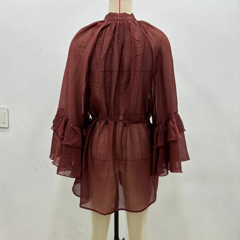 MUJER Ruffle Short Dresses for Women Fairy Ruched Mini Dress Women Spring Semi Sheer Womens Dresses Loose Party Women's Dress