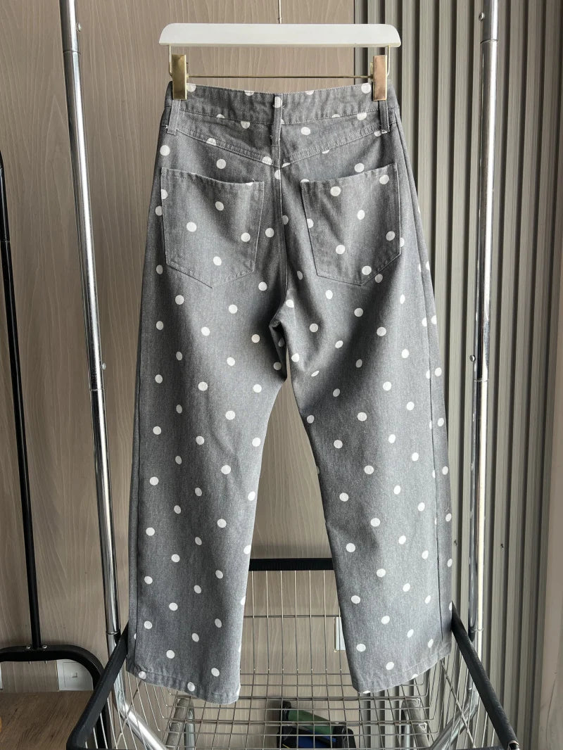 ETJ 2026 New Women's High Waist Polka Dot Wide Leg Jeans Casual Straight Denim Pants Fashion Summer Loose Fit Trousers