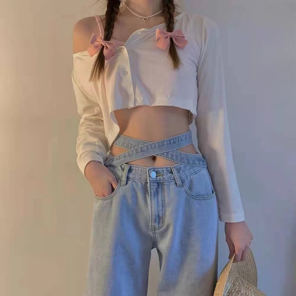 Women's High Waist Baggy Jeans Korean Trendy Loose Wide Leg Denim Pants With Ankle Ties Flowy Floor Length Streetwear