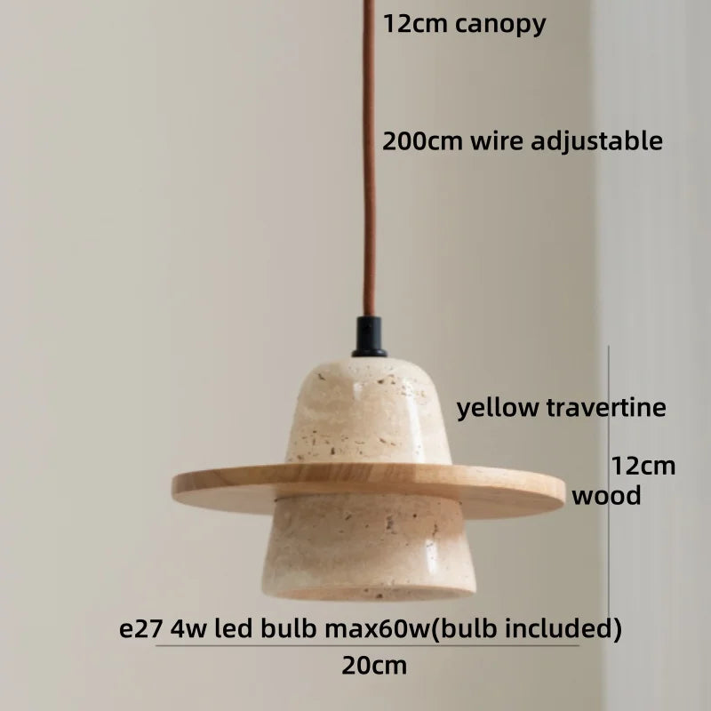 IWHD Yellow Travertine Stone LED Pendant Lamp Living Dining Room Table Inside Retro Wood Hanging Lights Fixture Lampara Colgante