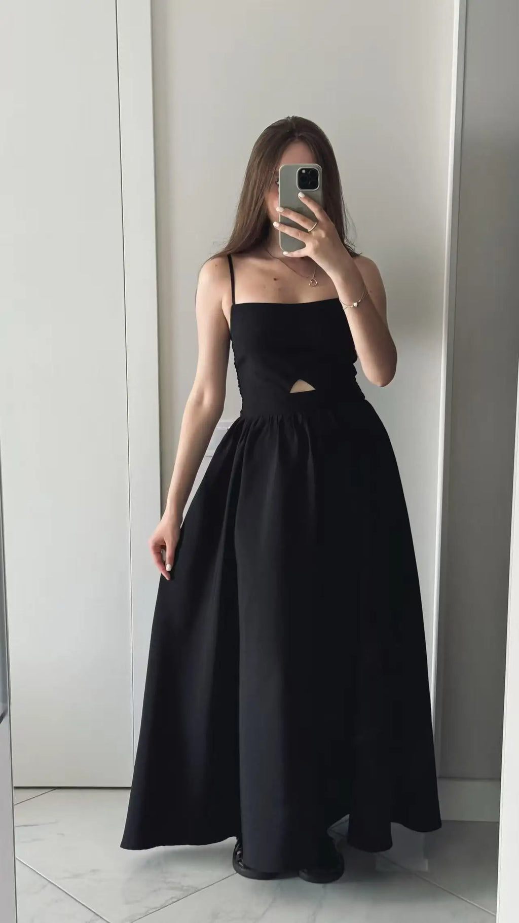 FSMG Fashion Black Breathable Sleeveless Backless Halter Dress Summer Sexy Spaghetti Strap Hollow Out Pockets Side Long Skirt