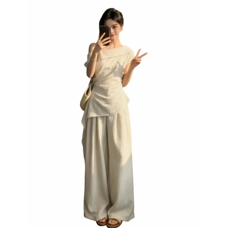 Summer Fashion Set Women's Side Shoulder Short Sleeve T-Shirt And Wide Leg Pants Two-Piece Suit Elegant And Stylish OOTD