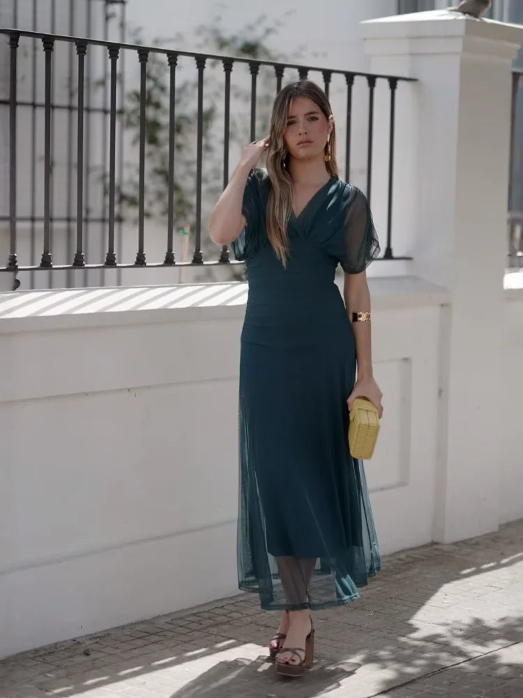 Women Solid Deep V-neck Mesh Long Dress Elegant Puff Short Sleeve Ruched Waist High Vestidos 2026 Summer Lady Casual Street Robe
