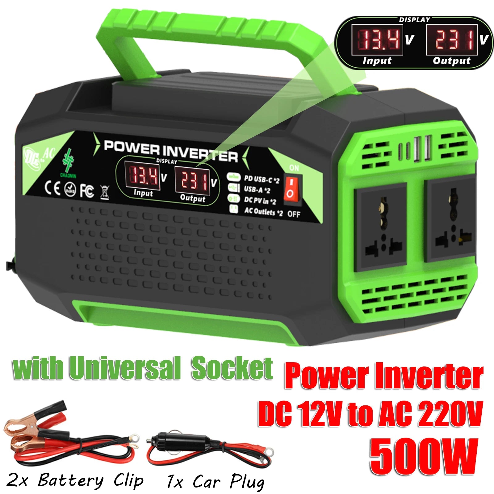 500W power inverter, DC 12V to AC 110V/220V voltage converter, with USB and Type-C ports, suitable for laptops and outdoor use