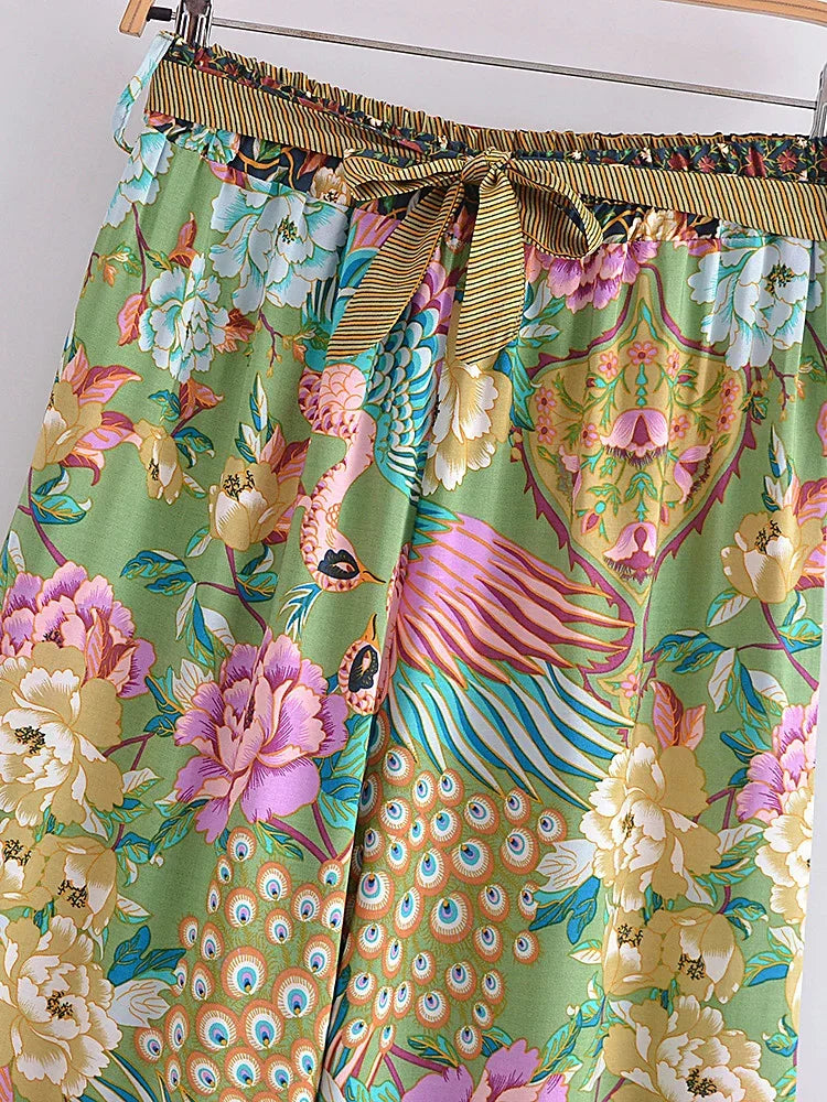 Boho Queens Women Peacock Floral Print Bohemian Wide Leg Pants Lady Elastic Waist Loose Rayon Boho Long Pant  Oversize Trousers