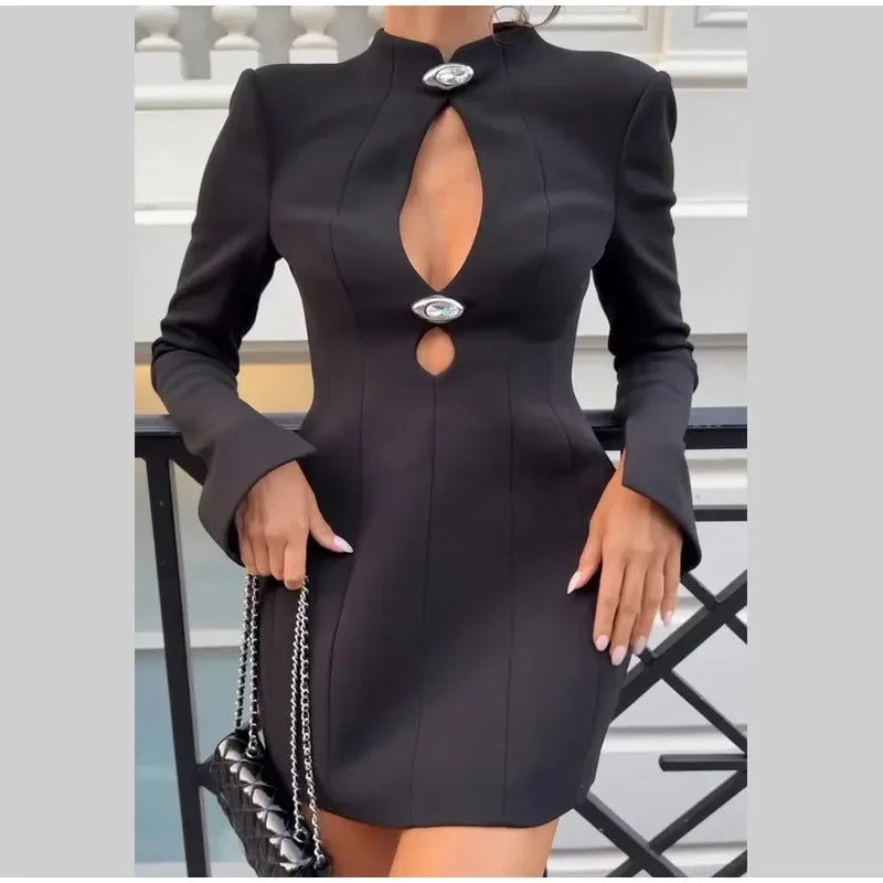 Women Hollow Out Short Dresses Black Round Neck Full Sleeve Waisted Bodycon A-line Vestidos 2025 Lady Daily High Street Gowns