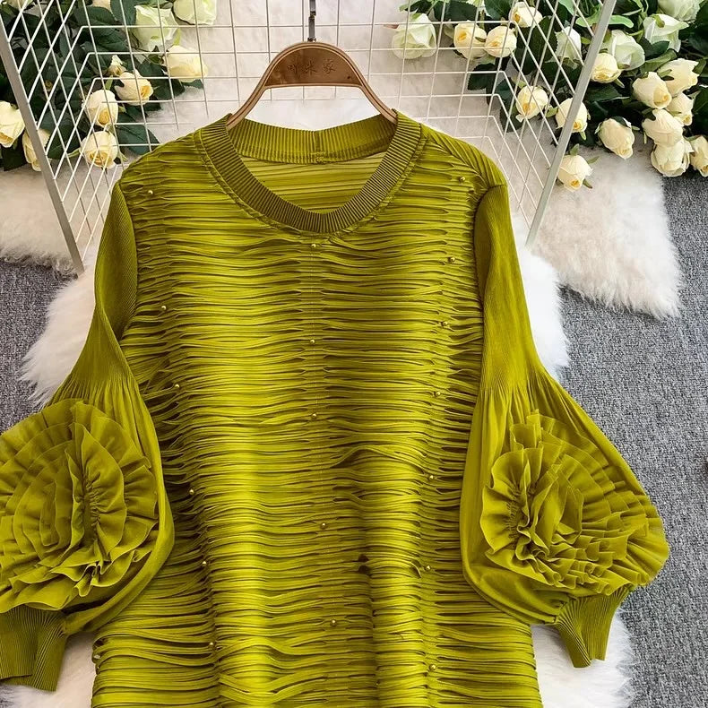 ANLAN Luxury Beading Hollow Out Tassels Pleated Miyake Dresses Women 3D Flower Splice Lantern Sleeve Loose Party Dress 2025 N