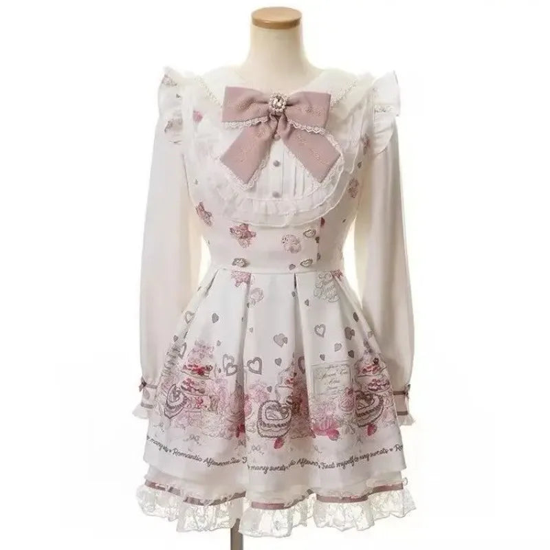 Japanese Style Lolita 2 Piece Set Y2k Mini Skirt Woman Harajuku Sweet Kawaii Print Dress Tops Korean Fashion Elegant Dress