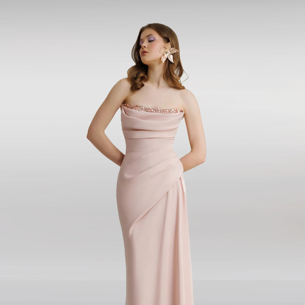 Sharon Said Dubai Elegant Pink Strapless Evening Dress with Pleats Beaded Mermaid Wedding Party Gown SF431 Customized