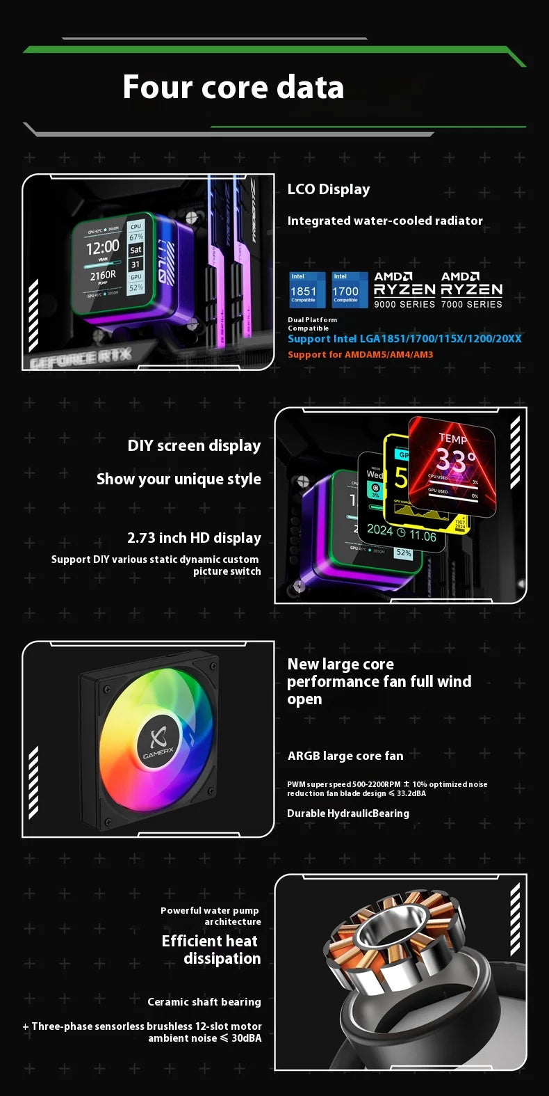 Power Train X-GAMERX S360 ARGB DIY screen display 2.73-inch LCD SCREEN Water Cooling 360mm Radiator 5V-3PIN CPU cooler