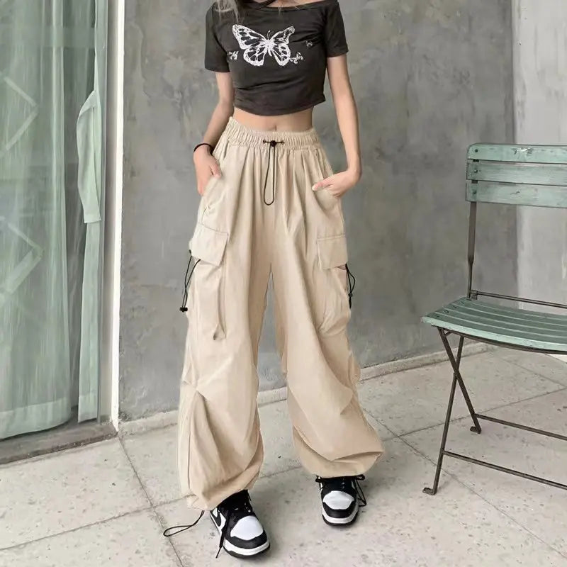 Women Streetwear Cargo Pants Elastic Waist Multi Pocket Loose Wide Leg Vintage Drawstring Casual Trousers