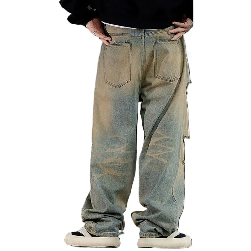 Fashionable Ripped Men's Jeans High Street Vintage Washed Pure Cotton Denim Pants Loose Straight Leg Casual Daily Male Trousers