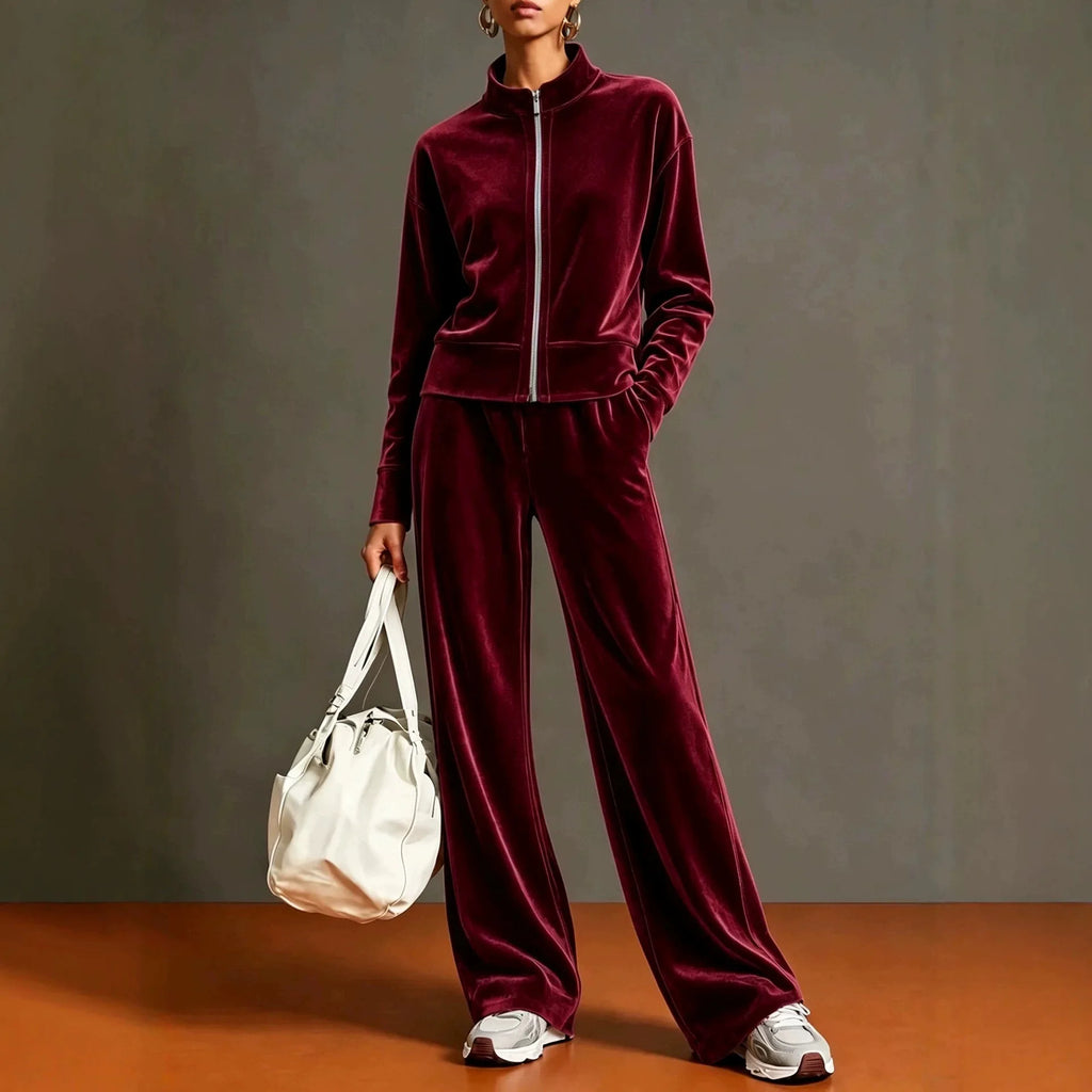 Women Solid Color Velvet 2 Piece Set Stand Collar Full Zip Jacket Wide Leg Pant Casual Sport Matching Outfit Autumn Winter Set