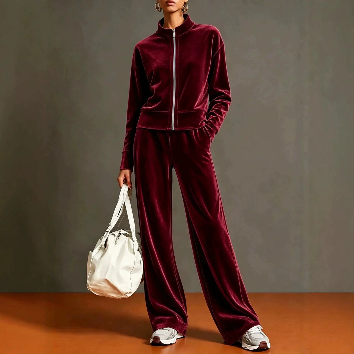Women Solid Color Velvet 2 Piece Set Stand Collar Full Zip Jacket Wide Leg Pant Casual Sport Matching Outfit Autumn Winter Set