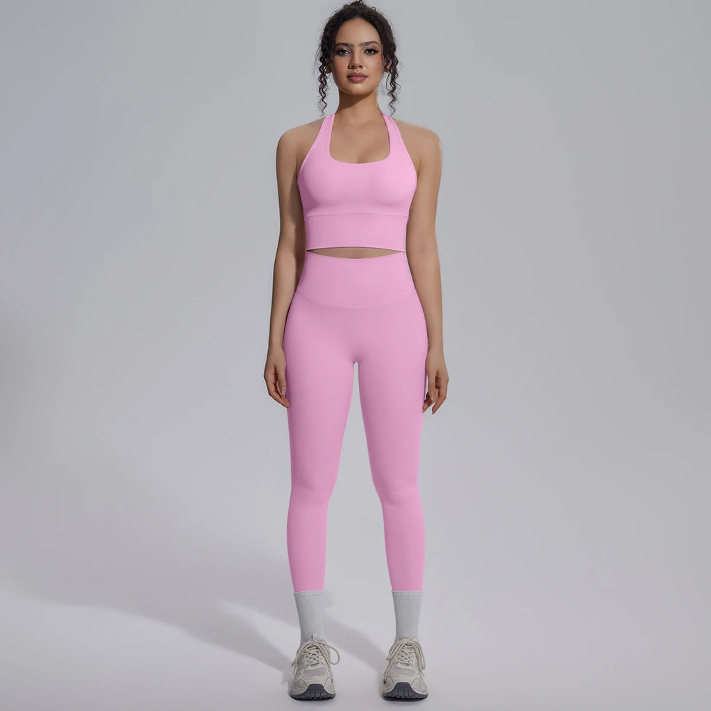Rooftrellen New Women's Two-piece Set Fitness Sports Solid Color Yoga Set Summer Quick Drying Legging Pants Gather I-shaped Vest