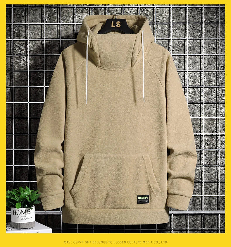 Men's Polar Fleece Sweatshirt Solid Color Street Style Autumn Winter Men Hood Sports Windproof Oversized High Collar Hoodie 5XL