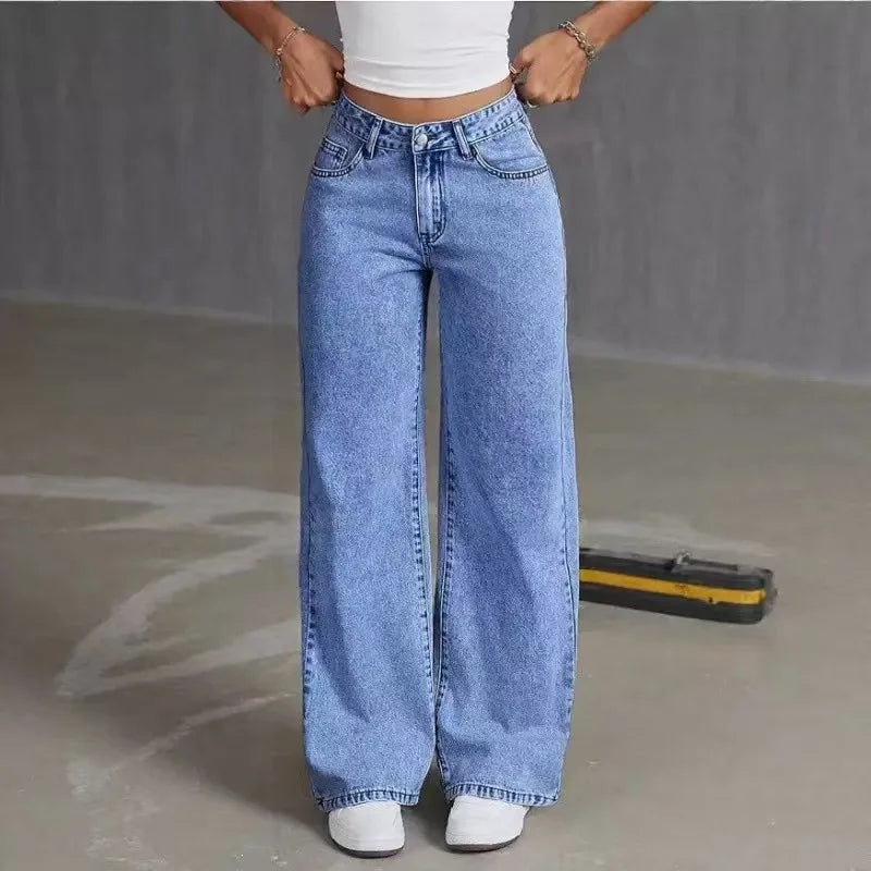 2026 New American Fashion Women's Loose Casual Wide Leg Straight Denim Jeans Baggy Streetwear Pants All Season Trousers