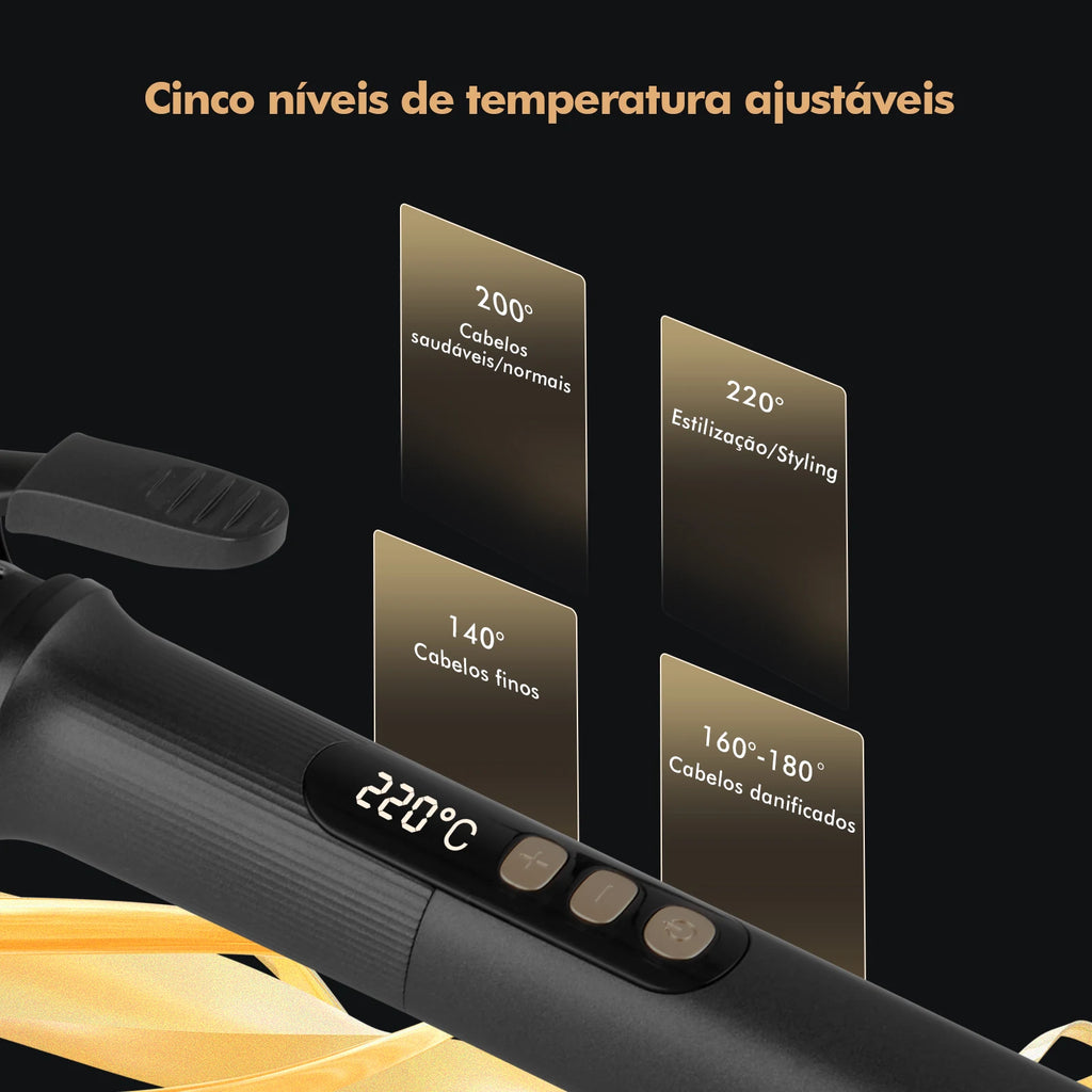 Hair Curler 32mm with LCD Display, Black and Gold, 5 Temperatures (140 °C-220 °C), Ceramic Coating, Bivolt 110-220V