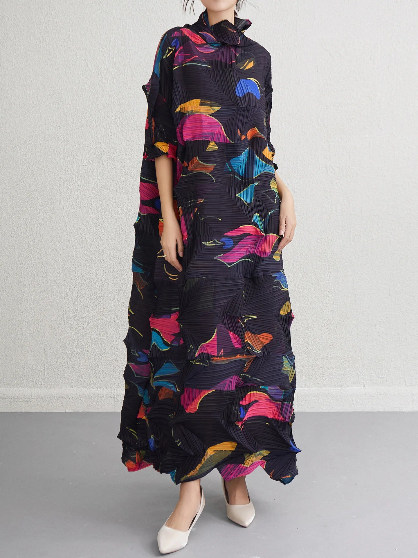 Miyake Fold 2025 Spring New Dress Women's Irregular Print Fold Waist Advanced Sense Dress