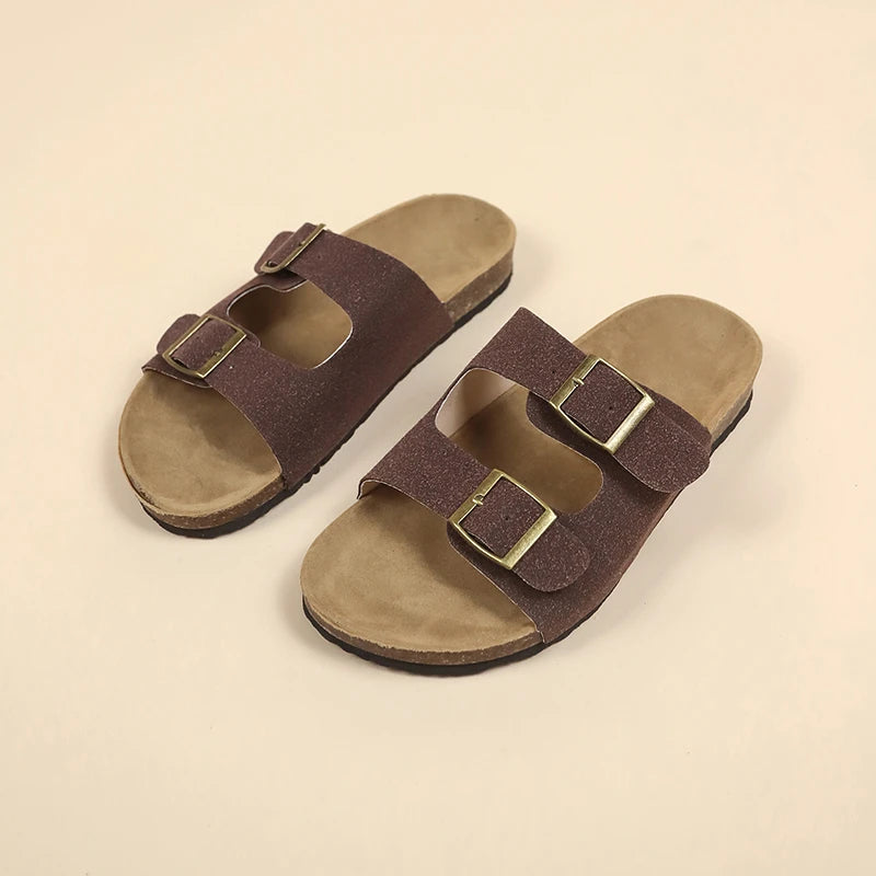 Women's Flat Outdoor Beach Casual Slippers Man Sliders Thick Sole Leather Cork Sole Sandals and Slippers