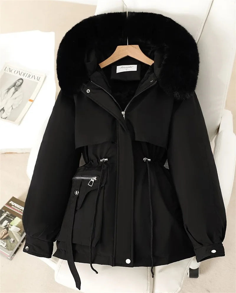 Fleece Lined Hood Down Jacket Winter Coat for Women Warm Drawstring Padded Parkas Korean Casual Streetwear Female Puffer Outwear