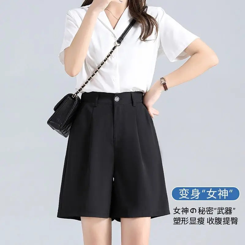 Suit Shorts Women Wear Loose Waist Tight Waist High Thin Loose Straight Leisure A -line Wide -legged Female Three -point Pants