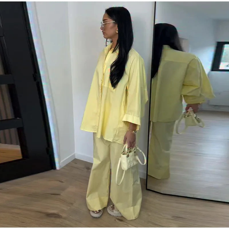 Loose Striped Contrast Wide Leg Pants Set Women Oversized Lapel Single Breasted Shirt Trousers 2026 Summer Lady Casual Outfits