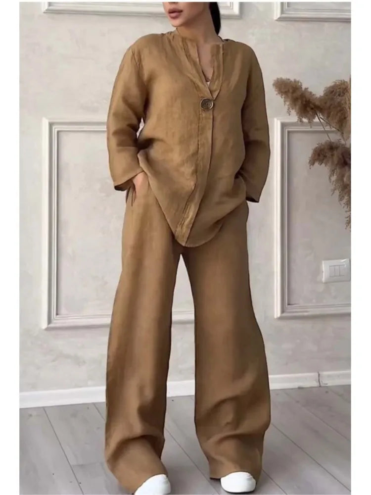 Fashion O Neck Long Sleeve Cotton Linen Shirt Suit Women Spring Autumn Casual Solid Color Pocket Pants Female Office 2 Piece Set