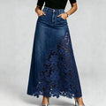 Canwedance Washed Denim Skirts Elegant Floral Lace Patchwork High Waist Maxi Skirt Casual Denim Stretch Pencil Skirt Mujer